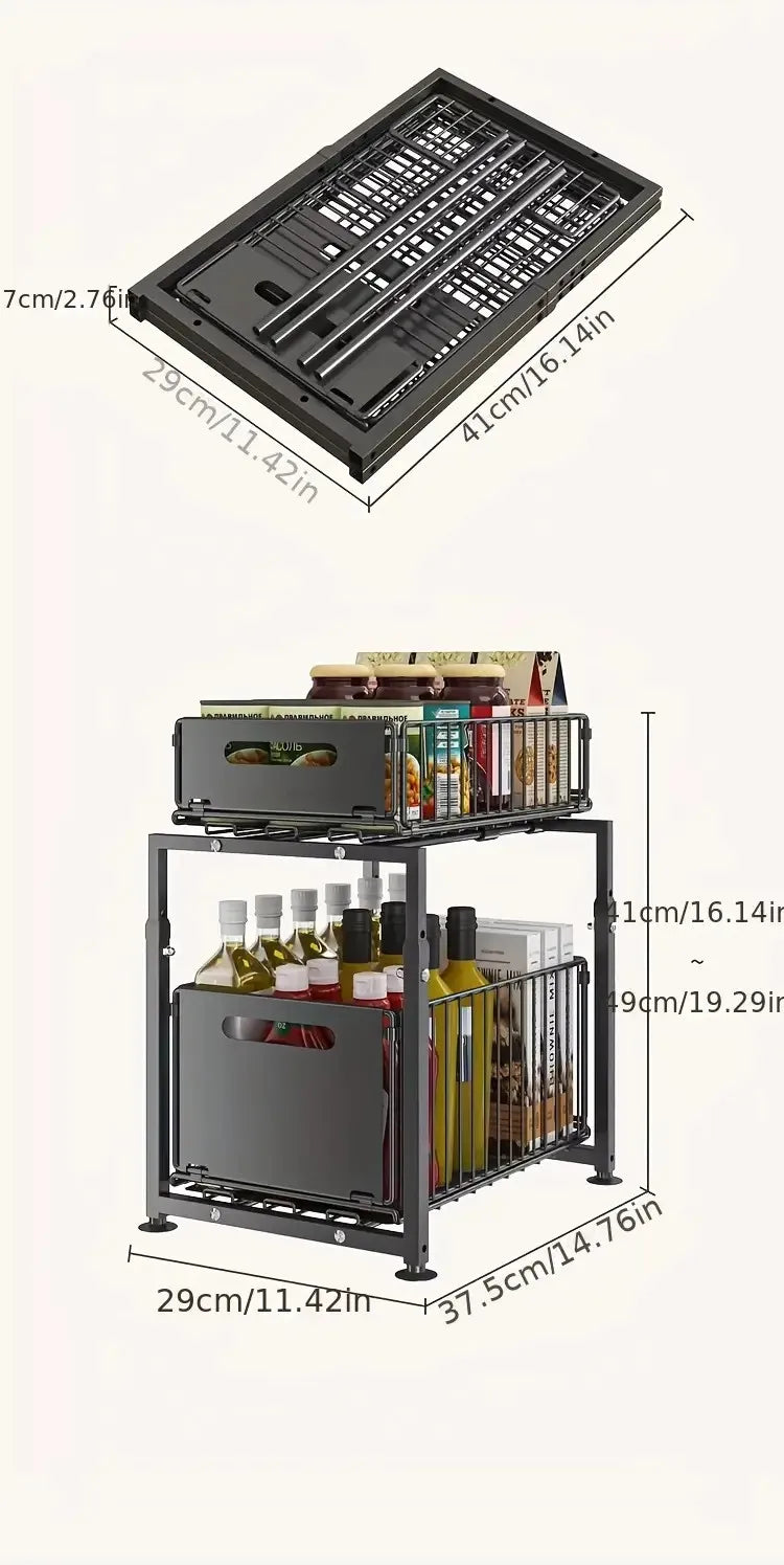 Rack Organizador Deslizante (Pull-Out) 2 Níveis – Altura Ajustável para Armário de Cozinha/Banca