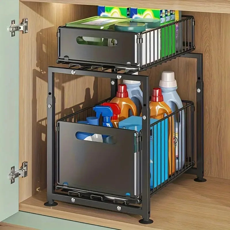 Rack Organizador Deslizante (Pull-Out) 2 Níveis – Altura Ajustável para Armário de Cozinha/Banca