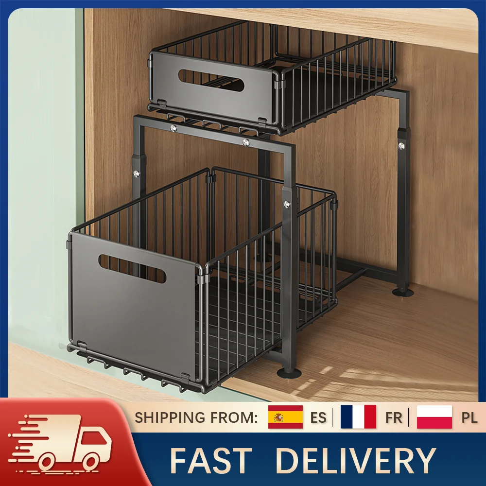 Rack Organizador Deslizante (Pull-Out) 2 Níveis – Altura Ajustável para Armário de Cozinha/Banca