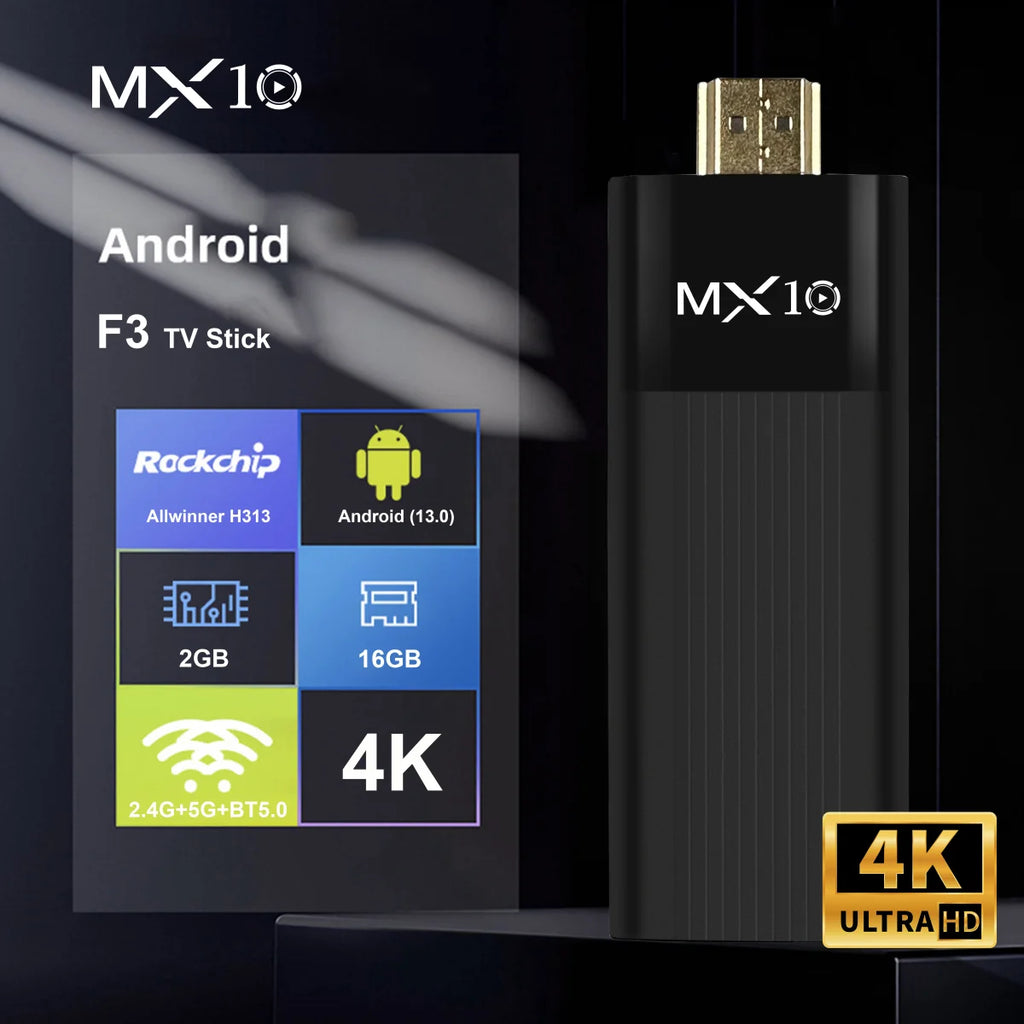 TV Stick/Box MX10-F3 Android 13.0 – H313 Quad Core, WiFi 6 e 8K Decoding (Streaming Ultra HD)