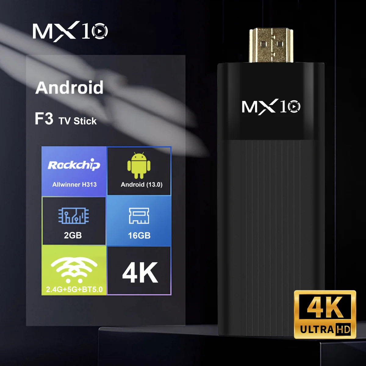 TV Stick/Box MX10-F3 Android 13.0 – H313 Quad Core, WiFi 6 e 8K Decoding (Streaming Ultra HD)