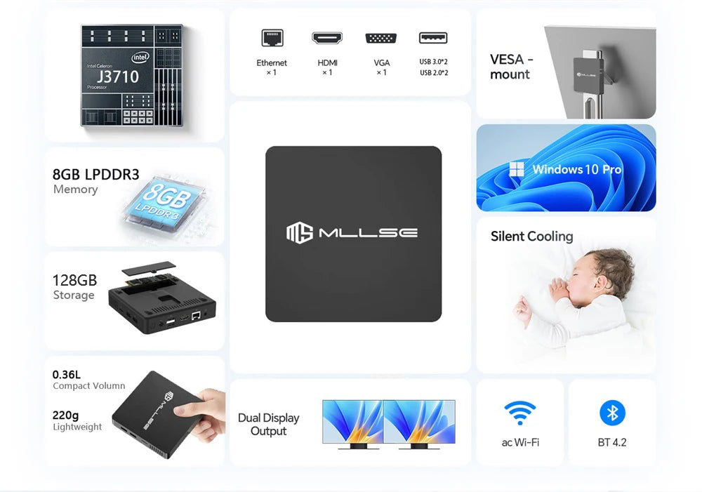 MLLSE M2 Air Mini PC (Intel N4000/J3710, WiFi Dual-Band)