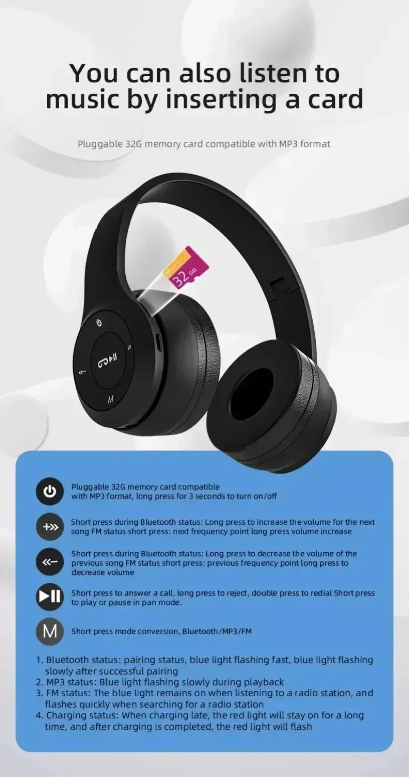 P47 Foldable Wireless Bluetooth Headphone (Bass HiFi)
