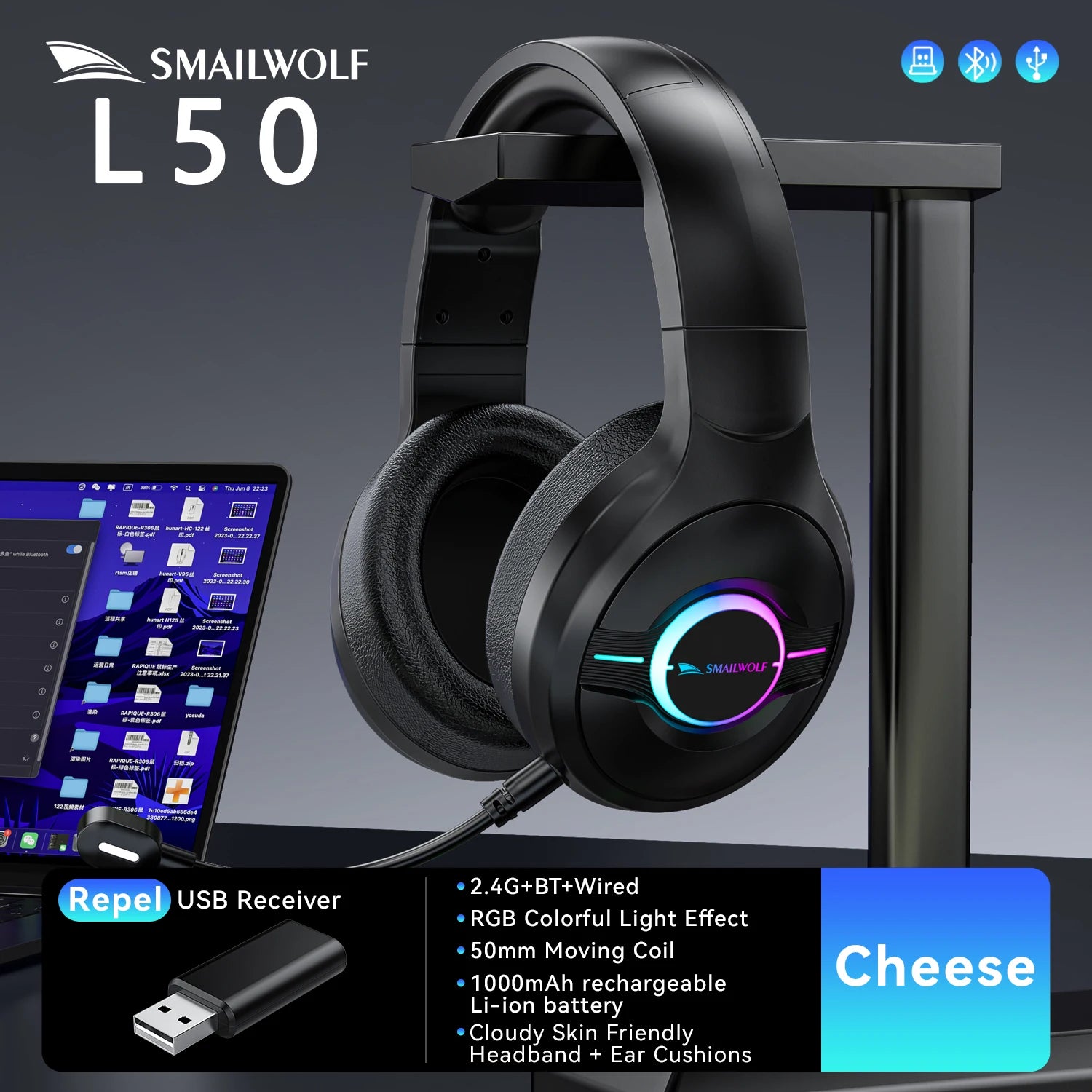 SmailWolf-L80 Wireless Headset (Tri-Modo, 2.4G Gaming)
