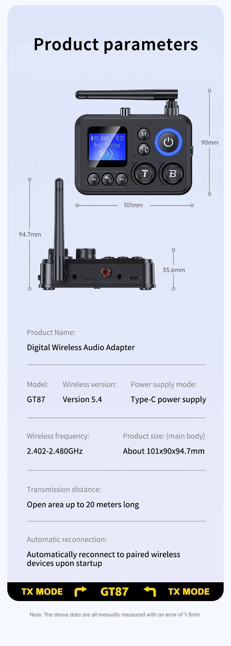 Transmissor/Recetor Bluetooth 5.4 GT87 (AUX/SPDIF/COAXIAL/TF)