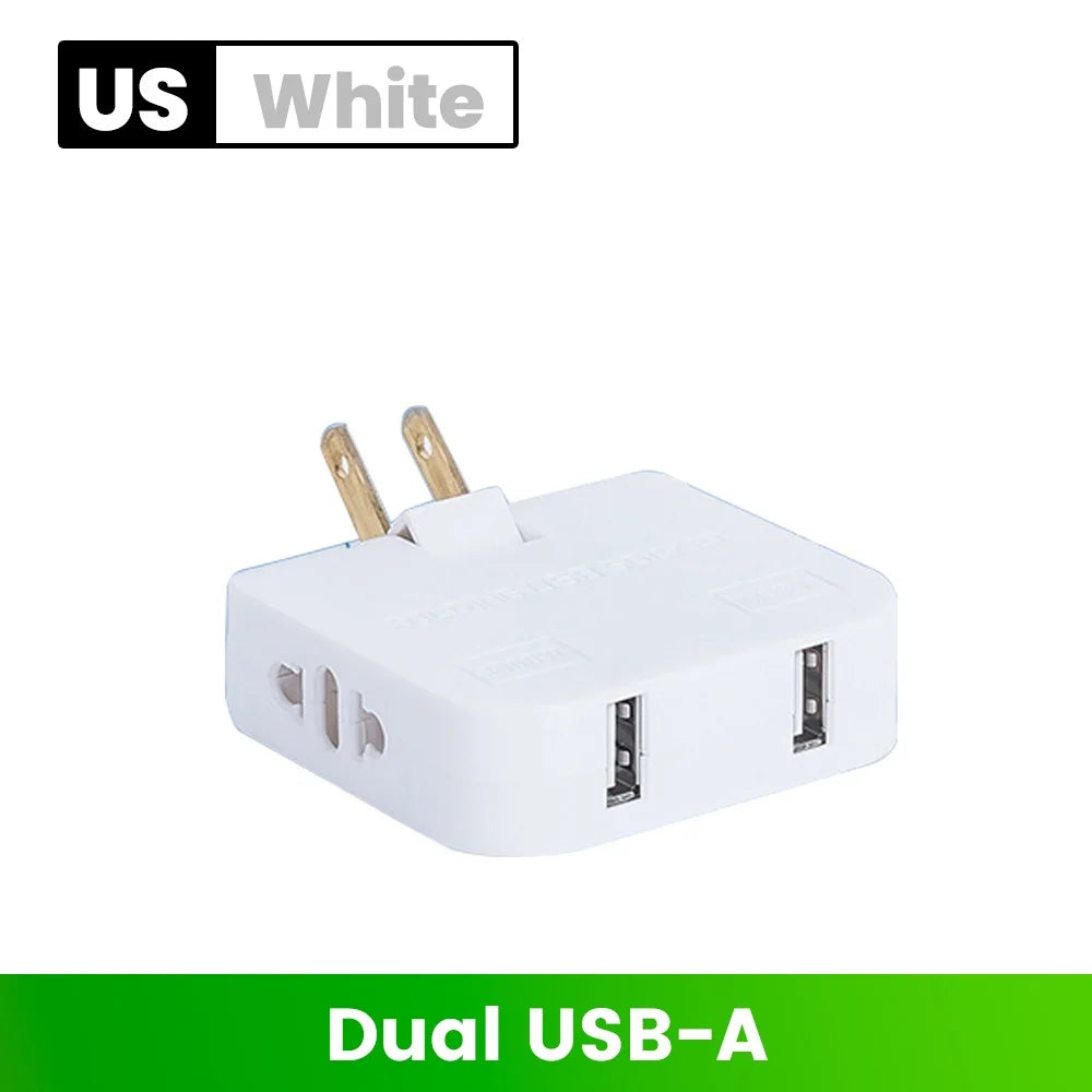 Adaptador de Tomada Europeu 3-em-1 Rotativo 180° – USB QC3.0 e 2500W para Viagem