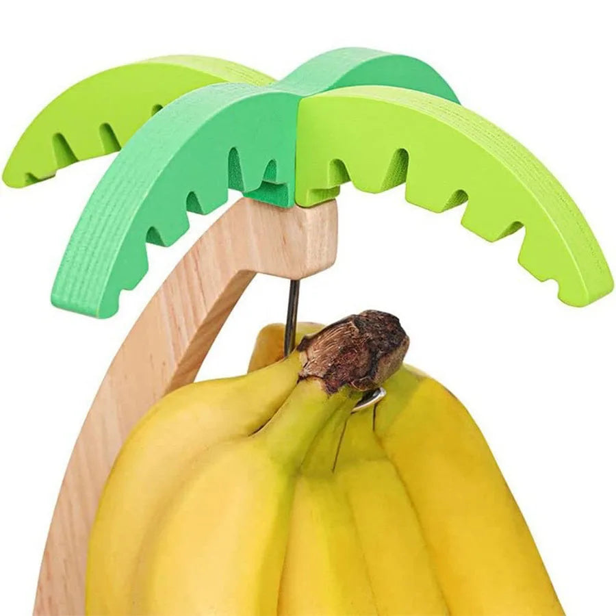 Suporte Vertical de Madeira para Bananas – Rack de Cozinha com Decoração de Folha e Gancho (Mantém a Fruta Fresca)