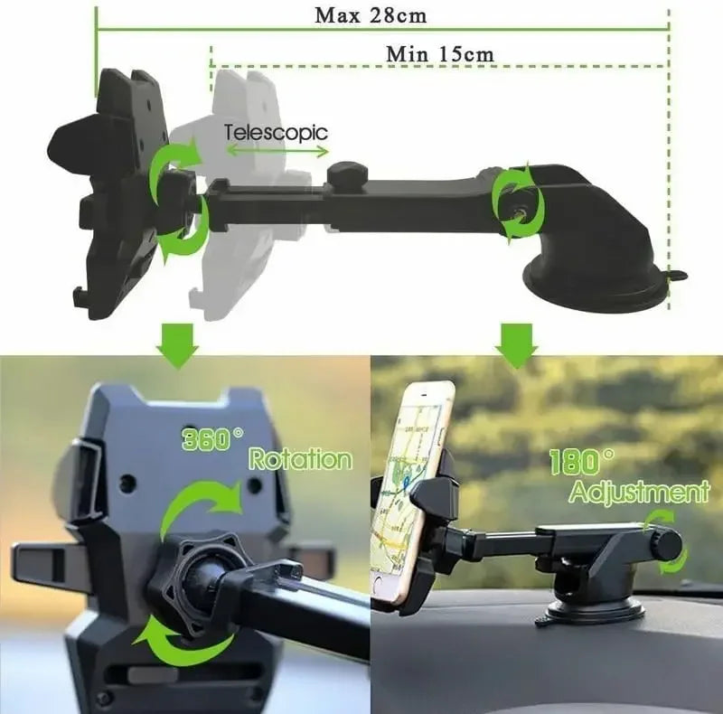 Suporte de Telemóvel para Carro 360° Universal (Braço Retrátil e Ventosa)