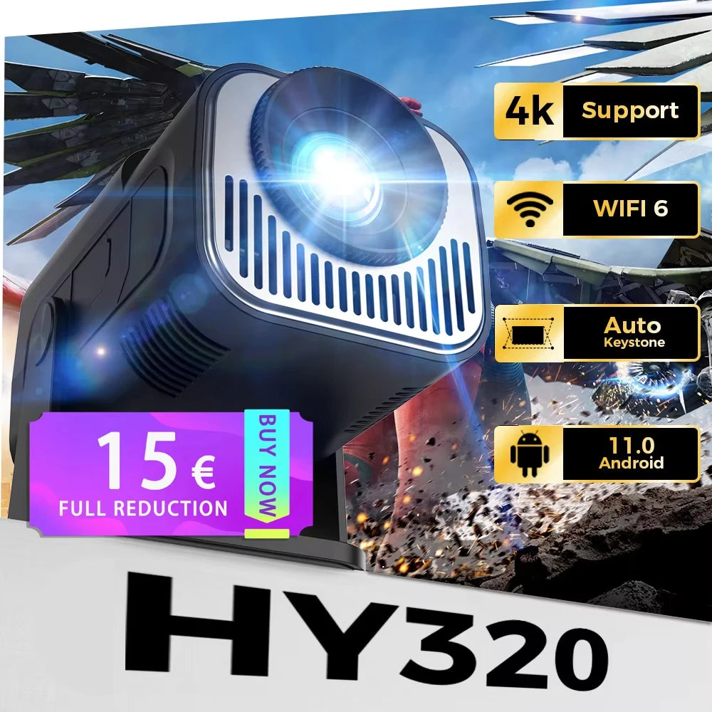 Projetor Portátil HY320 Android 11 – 390/650 ANSI, WiFi 6, 1080P Nativo, Suporte 4K (Home/Exterior)