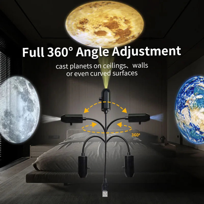 🪐 Projetor LED USB 3-em-1 (Lua, Terra, Estrelas) – Rotação 360º para Decoração de Quarto | Leano Shop
