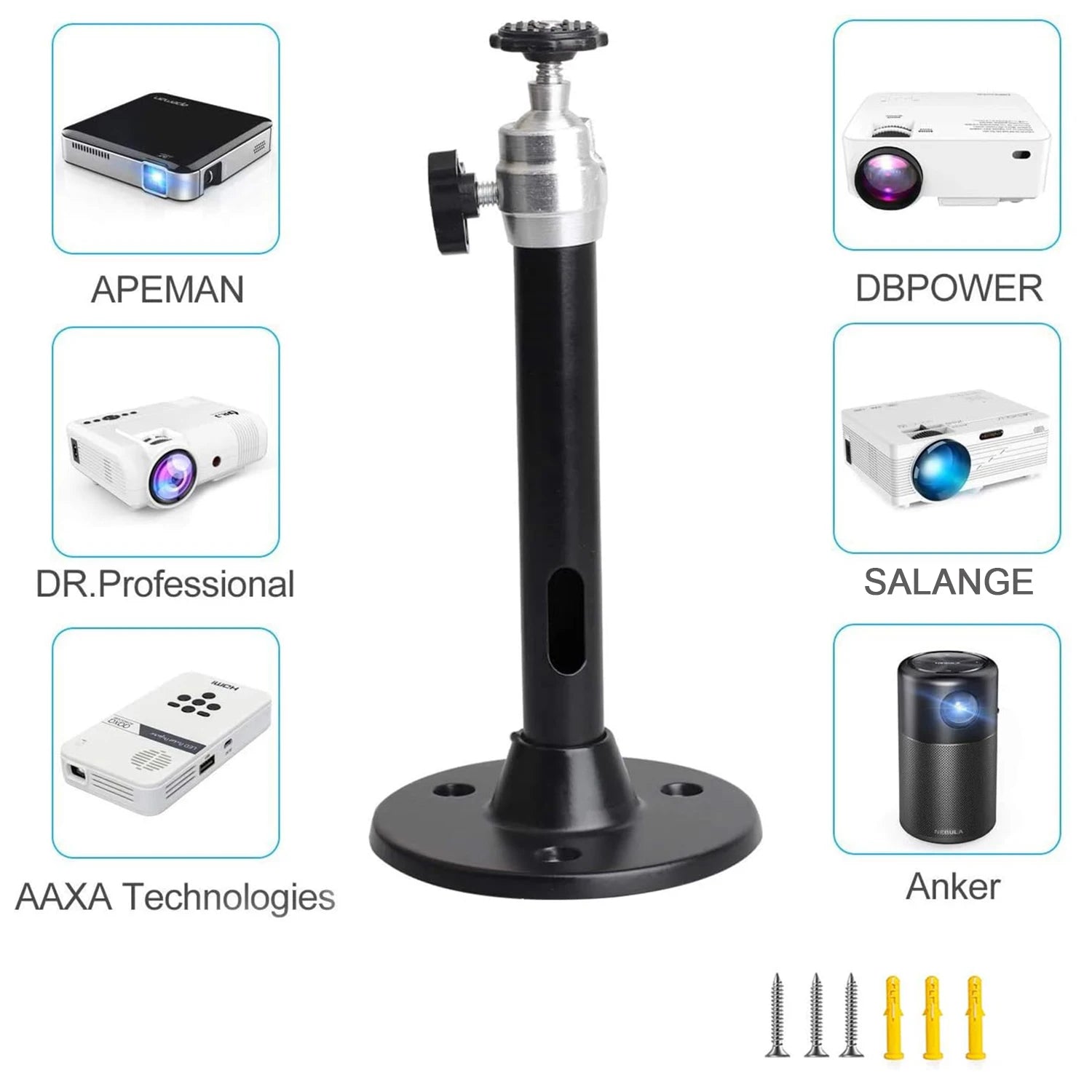 Suporte Universal de Projetor (360° Rotativo) – Montagem em Teto/Parede, Alumínio, Compatível com HY260/HY320 e Câmaras