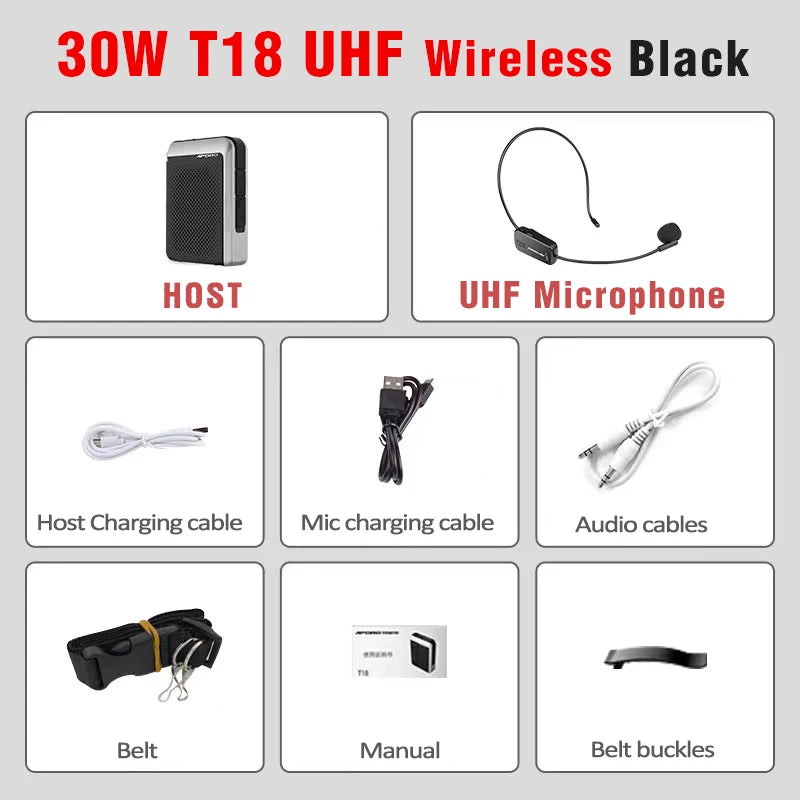 Amplificador de Voz Portátil 30W (2.4G/Bluetooth) para Professores e Guias