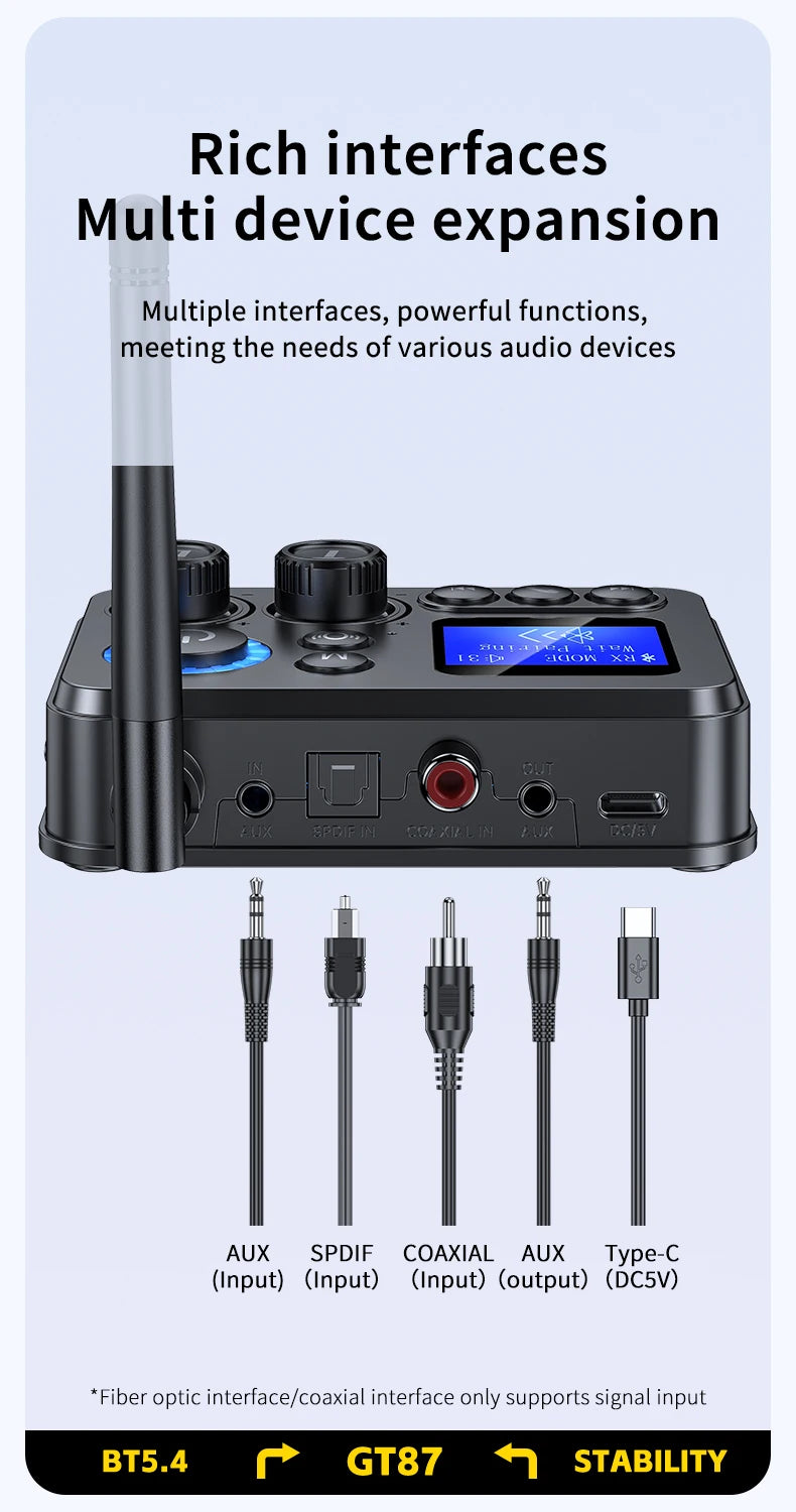 Transmissor/Recetor Bluetooth 5.4 GT87 (AUX/SPDIF/COAXIAL/TF)