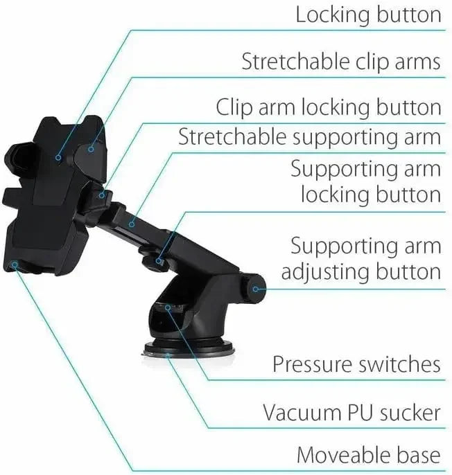 Suporte de Telemóvel para Carro 360° Universal (Braço Retrátil e Ventosa)