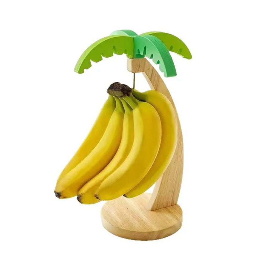 Suporte Vertical de Madeira para Bananas – Rack de Cozinha com Decoração de Folha e Gancho (Mantém a Fruta Fresca)