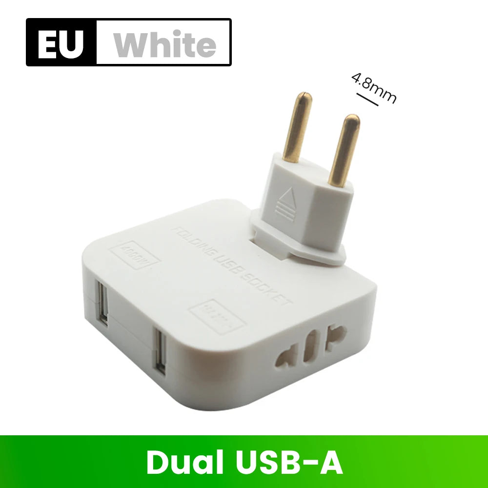 Adaptador de Tomada Europeu 3-em-1 Rotativo 180° – USB QC3.0 e 2500W para Viagem