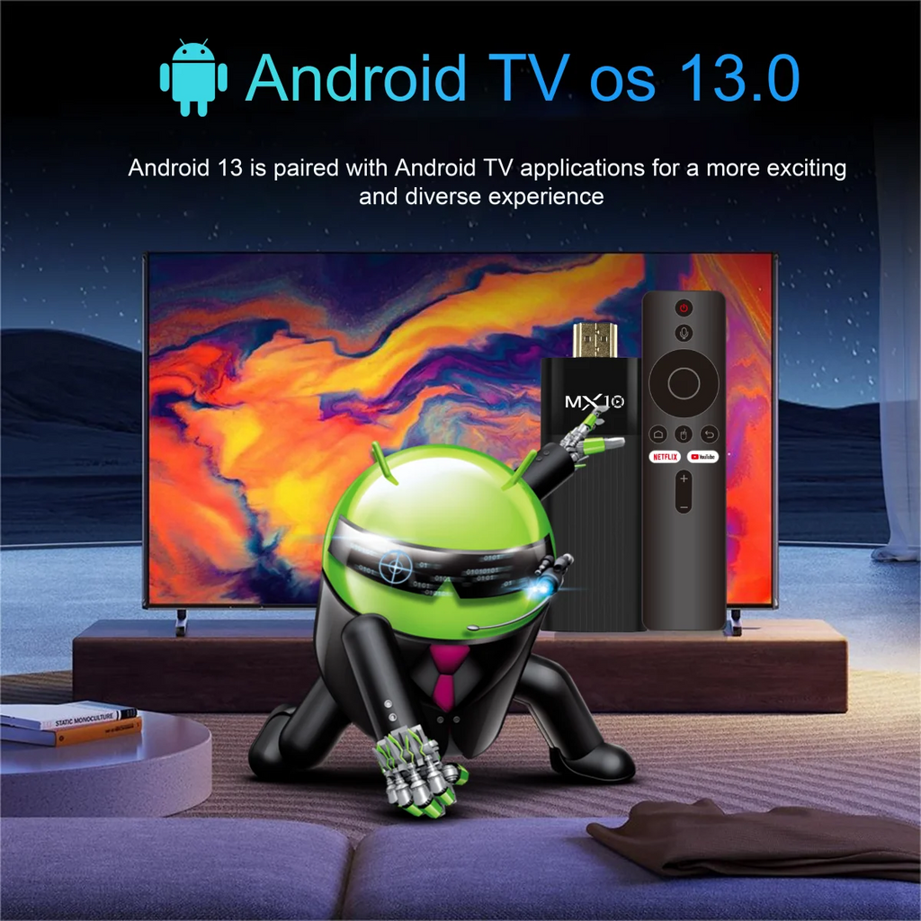 TV Stick/Box MX10-F3 Android 13.0 – H313 Quad Core, WiFi 6 e 8K Decoding (Streaming Ultra HD)