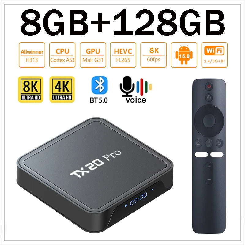 TV Box TX20 Pro Android 15 (8K Ultra HD) – Allwinner H313, Dual WiFi 5G, Controlo de Voz e IPTV