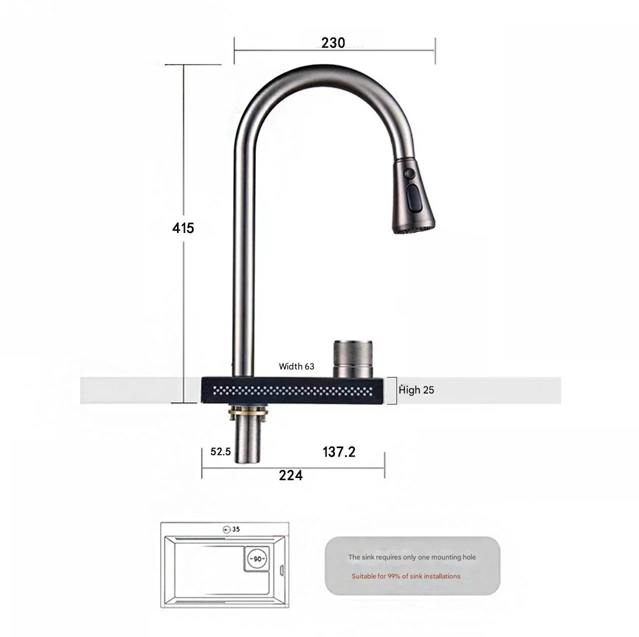 Torneira de Cozinha Casacata Pull Down (Misturador Quente/Frio)