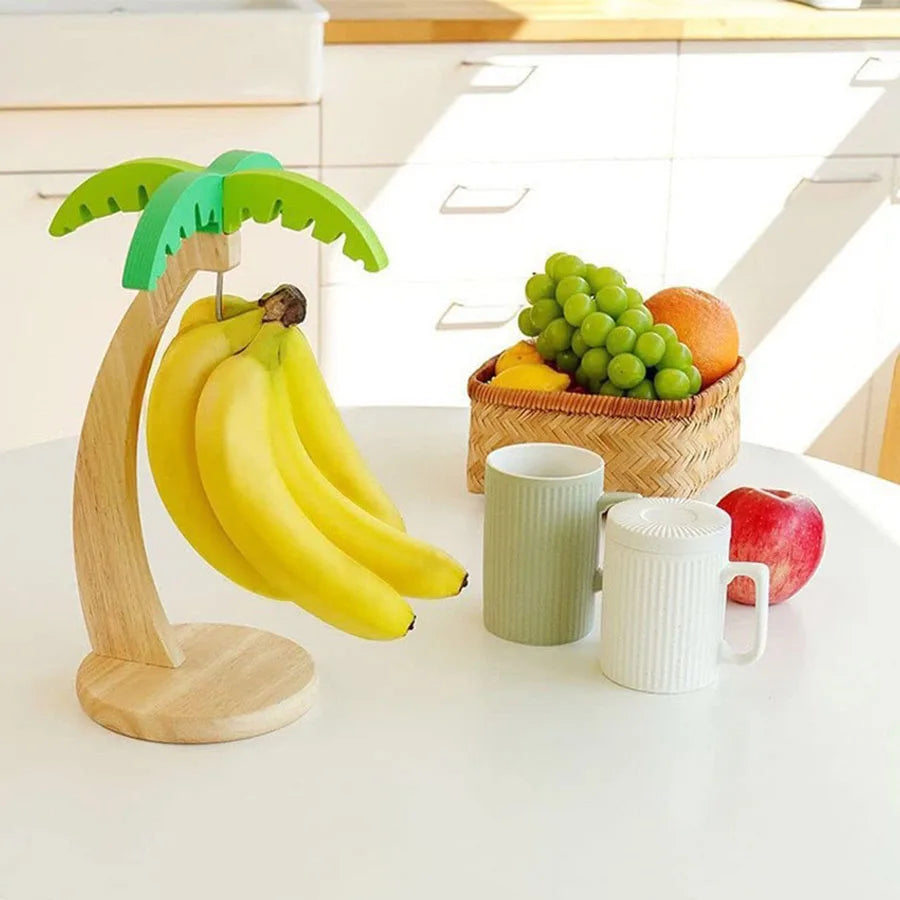 Suporte Vertical de Madeira para Bananas – Rack de Cozinha com Decoração de Folha e Gancho (Mantém a Fruta Fresca)