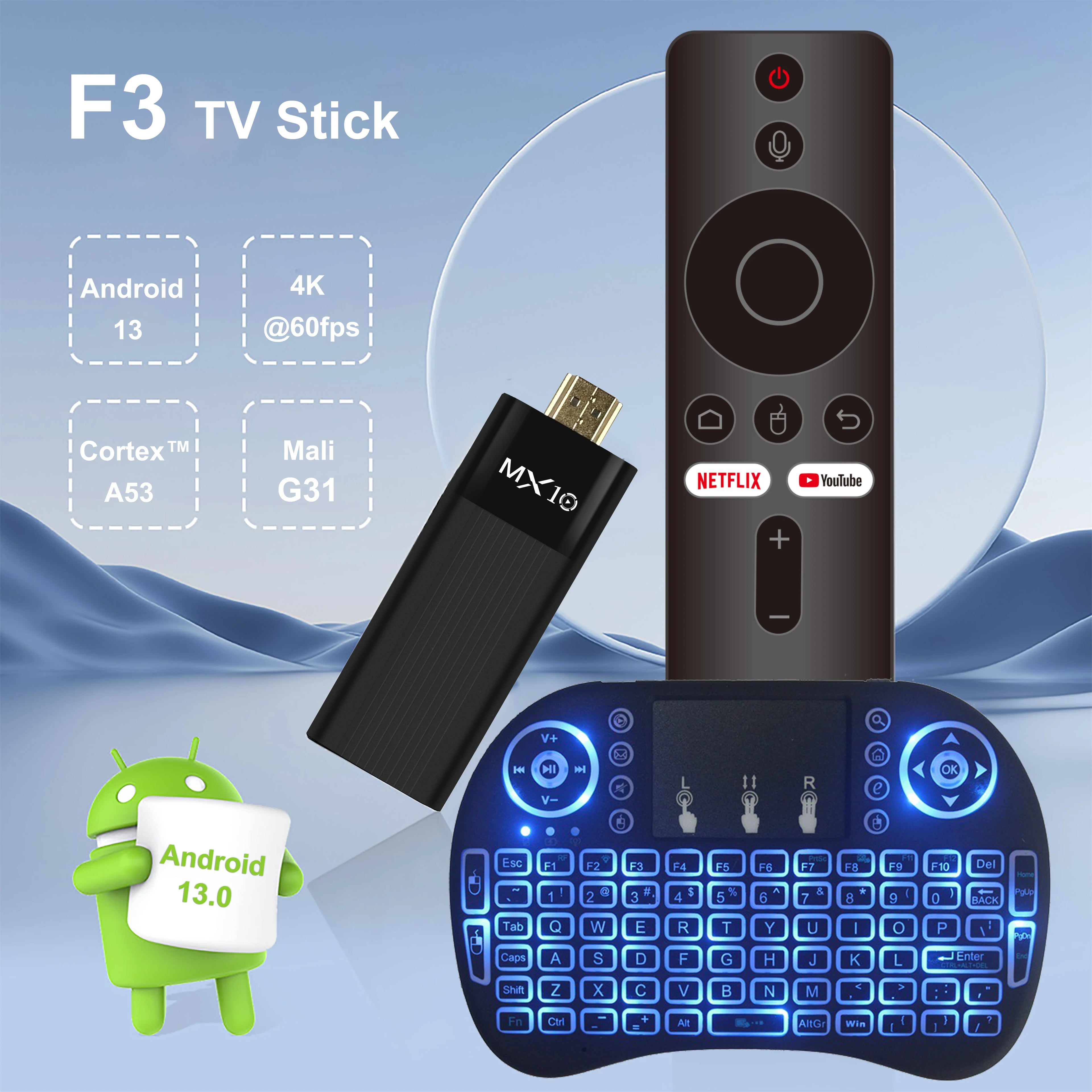 TV Stick/Box MX10-F3 Android 13.0 – H313 Quad Core, WiFi 6 e 8K Decoding (Streaming Ultra HD)