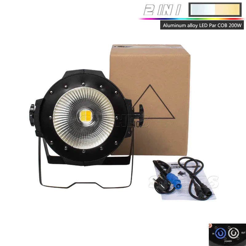 Foco LED COB Par 200W (Branco Quente + Frio 2em1) – Profissional DMX para Palco e Teatro