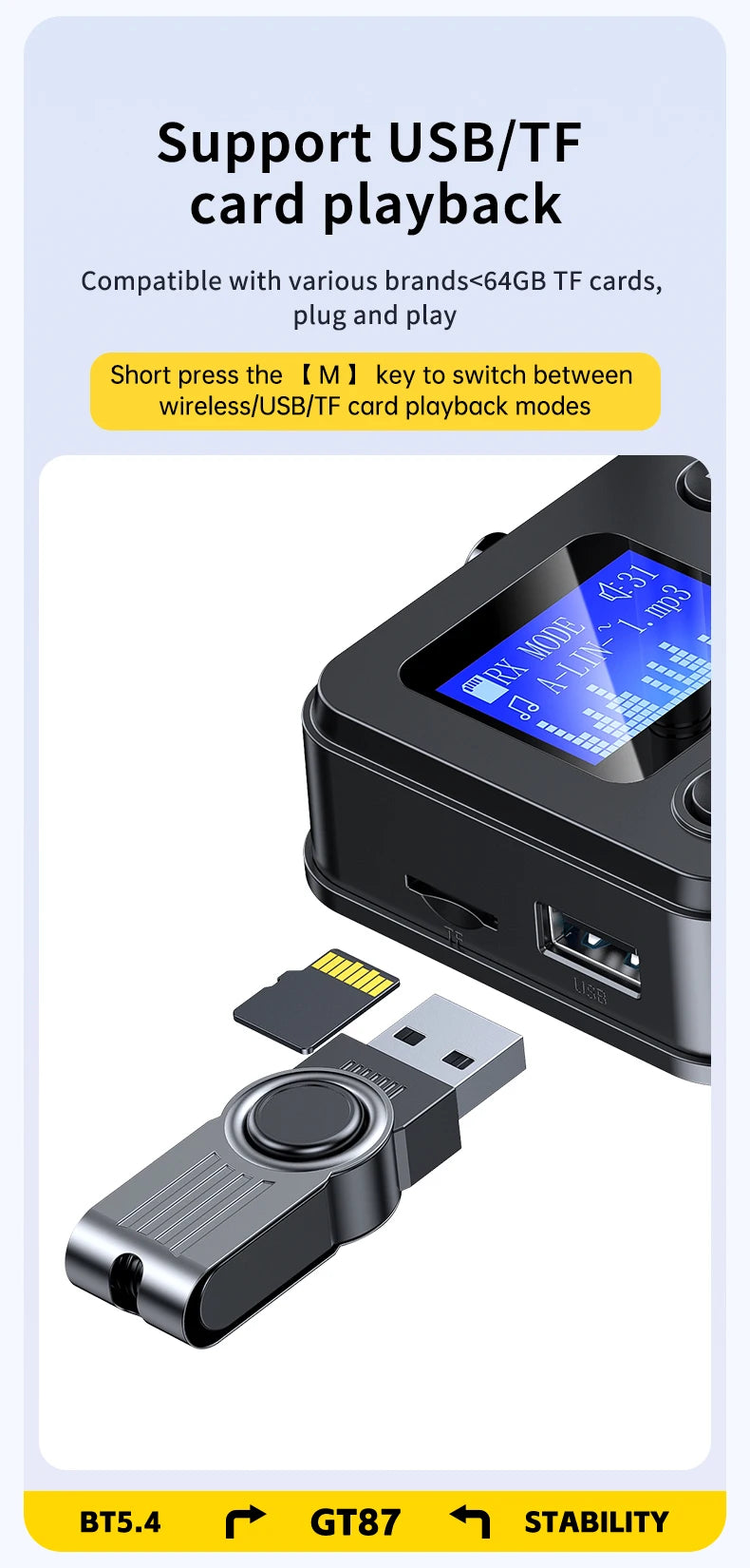 Transmissor/Recetor Bluetooth 5.4 GT87 (AUX/SPDIF/COAXIAL/TF)