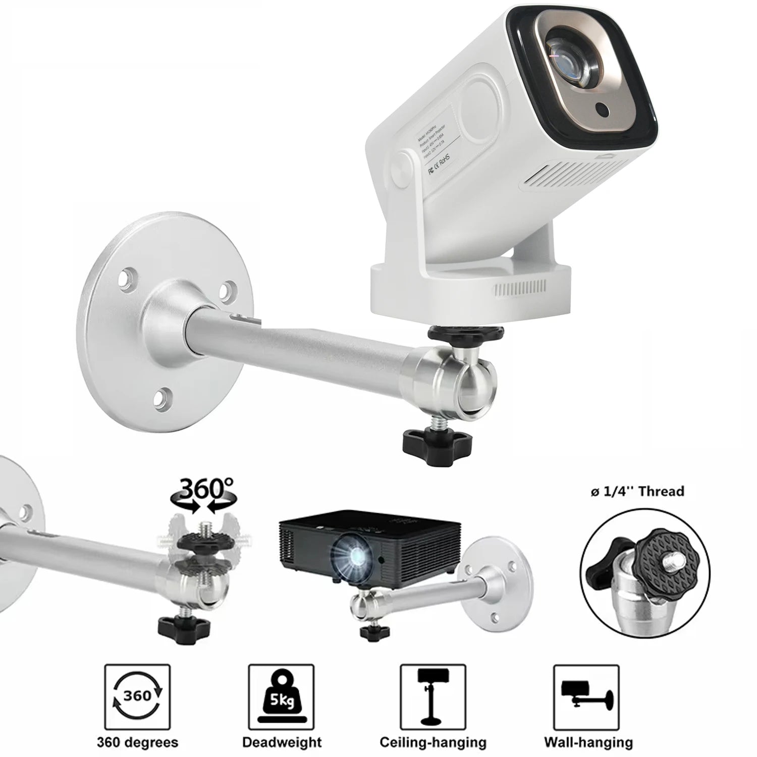 Suporte Universal de Projetor (360° Rotativo) – Montagem em Teto/Parede, Alumínio, Compatível com HY260/HY320 e Câmaras