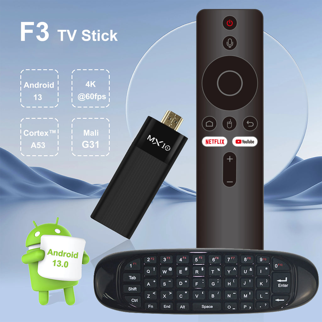 TV Stick/Box MX10-F3 Android 13.0 – H313 Quad Core, WiFi 6 e 8K Decoding (Streaming Ultra HD)